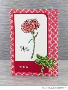 Red Carnation Handmade Card With Dragonfly